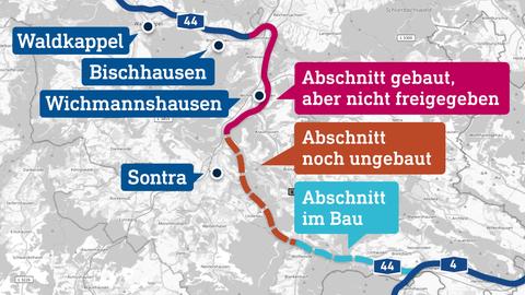 Eine Karte zeigt die A44 mit den verschiedenen Bauabschnitten