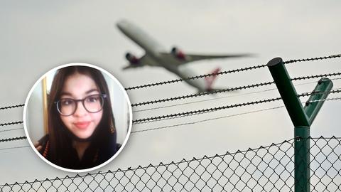 Junges Mädchen in Kombo mit startendem Flugzeug am Frankfurter Flughafen