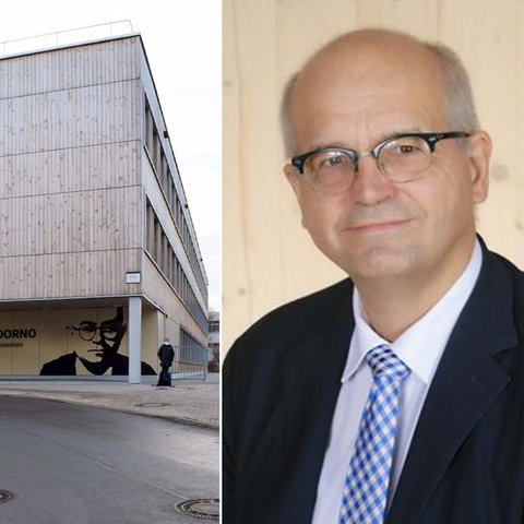 Collage: Links Portrait Mathias Koepsell, rechts Eingang des Adorno-Gymnasiums