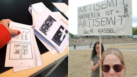 Links; antisemitische Zeichnungen ... rechts zwei Frauen mit Transparent Antisemitismus