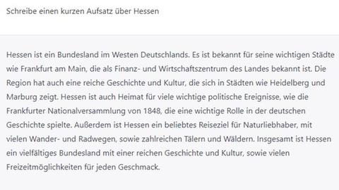 Screenshot der Antwort von ChatGPT auf die Aufforderung, einen kurzen Aufsatz über Hessen zu schreiben. 
