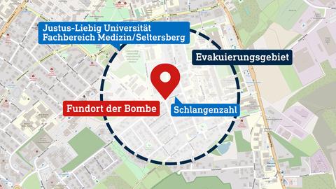 Auf einer Open Streetmap Karte wird der Fundort einer Weltkriegsbombe in Gießen im Schlangezahl und eine Evakuierungszone von 350 Metern gezeigt.