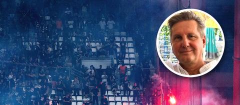 Foto der Tribüne mit Fans und Bengalos und einem Portrait