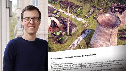 Spieleerfinder/Chef Assembleteam , Screenshot aus dem Computerspiel, Brief bei Twitter