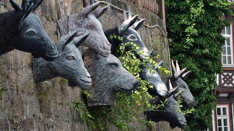Skulpturen der sieben Geißlein an einer Mauer in der Marburger Oberstadt