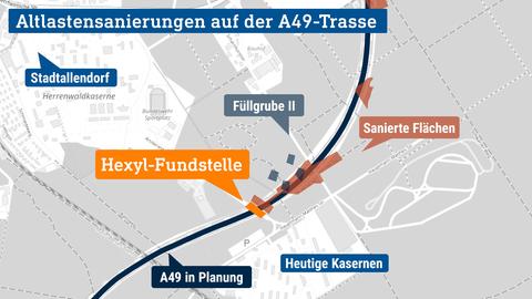 Die Karte zeigt einen Teil der geplanten A49-Trasse mit Verortung der Hexyl-Fundstelle und der sanierten Flächen.