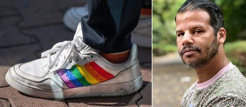 Kombination aus zwei Fotos: links Nahaufnahme Turnschuh in Regenbogenfarben angemalt, rechts Portrait von Abdelkarim Bendjeriou-Sedjerari.