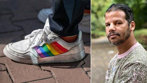 Kombination aus zwei Fotos: links Nahaufnahme Turnschuh in Regenbogenfarben angemalt, rechts Portrait von Abdelkarim Bendjeriou-Sedjerari.