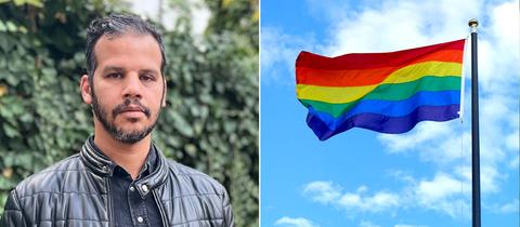 Kombination aus zwei Fotos: links Portrait von Abdelkarim Bendjeriou-Sedjerari, rechts eine Regenbogenflagge vor blauem Himmel.