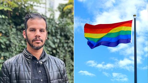 Kombination aus zwei Fotos: links Portrait von Abdelkarim Bendjeriou-Sedjerari, rechts eine Regenbogenflagge vor blauem Himmel.