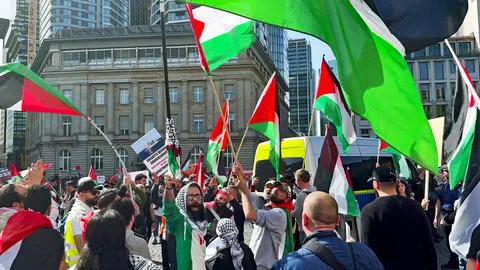 Teilnehmer der Demonstration schwenken palästinensische Flaggen.