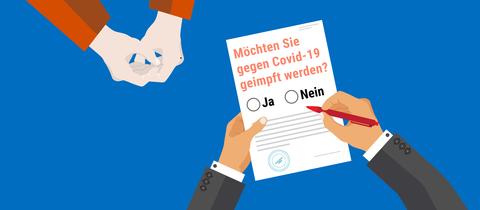 Illustration, bei der zwei Händepaare von oben auf einem Tisch zu sehen sind. Das eine Paar gehört einer älteren Person. Das andere Paar hält einen Stift. Vor ihm liegt ein amtliches Papier, auf welchem steht: "Möchten Sie gegen Covid-19 geimpft werden? Ja/Nein".