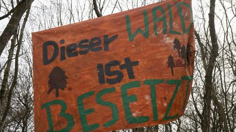 "Dieser Wald ist besetzt" steht auf einem Transparent in dem von Klimaaktivisten besetzten Fechenheimer Wald in Frankfurt. 