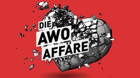 Grafik: "Die AWO-Affäre" steht in großen Lettern auf einem in Kleinteile zersprungenen Herzen. Das Herz, gezeichnet in scharz-weiß, steht auf einem roten Hintergrund. 