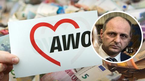 Das AWO-Logo vor einem Haufen Euo-Scheine. Auf dem Bild der Kopf von Tarek Akman in einem weißen Kreis