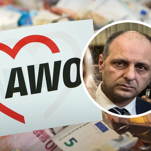 Das AWO-Logo vor einem Haufen Euo-Scheine. Auf dem Bild der Kopf von Tarek Akman in einem weißen Kreis