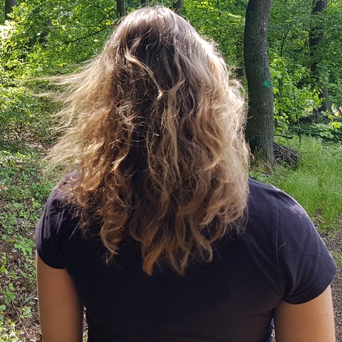 Frau mit wehenden Haaren von hinten