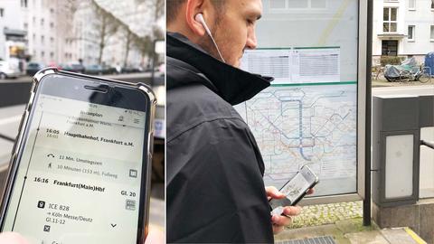 Bildkombination aus zwei Fotos. Links: auf einem Smartphone ist eine App zu sehen, die die Verbindungen im öffentlichen Verkehr anzeigt. Im Bildhintergund unscharf der Eingang zu einer U-Bahn-Station. Rechts: ein Mann mit Earplugs und einem Smartphone in der Hand steht am Eingang zu einer U-Bahn-Station. 
