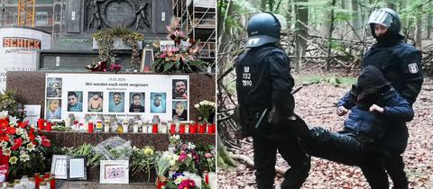 Collage: Blumen und Bilder an Gedenkort niedergelegt, Polzisten tragen vermummten Demonstranten aus dem Wald 