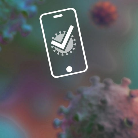 Grafik, welche den mobilen Impfpass symbolisiert. Vor einem Hintergrund aus einer mikroskopischen Aufnahmen eines Coronavirus ist ein Icon eines Smartphones zu sehen, auf dessen Screen ein einzelnes Virus mit einem Häkchen dargestellt ist.