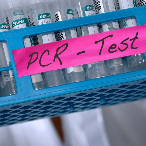 Foto einer medizinischen Fachangestellten in Schutzkleidung, die einen Korb mit sehr vielen Teströhrchen trägt, auf welchem der Aufkleber "PCR-Tests" angebracht ist.
