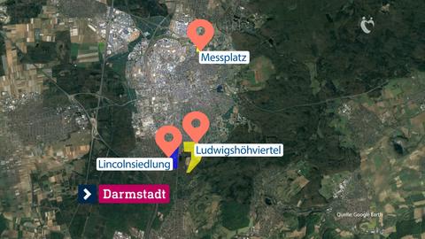 Lage der drei autoarmen Quartiere in Darmstadt: Lincolnsiedlung, Ludwigshöhviertel und Messplatz