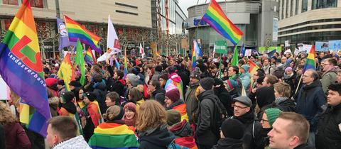 Teilnehmer der "Demo der Vielfalt und Liebe" in der Frankfurter Innenstadt.