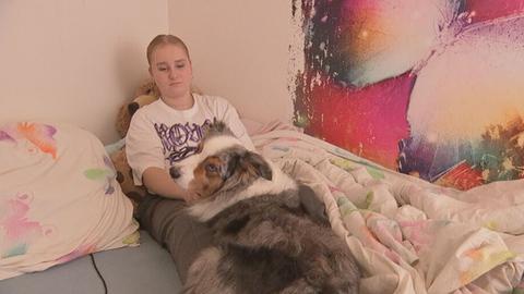 Ein Mädchen liegt auf ihrem Bett und streichelt einen Hund, der auf ihrem Schoß liegt.