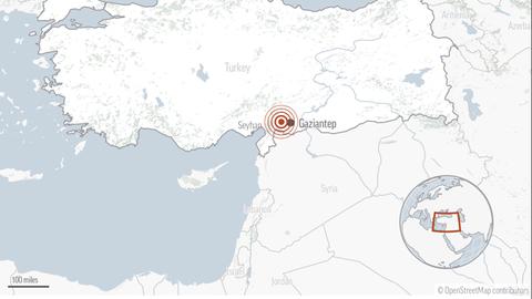 Die AP-Grafik zeigt den ungefähren Ort eines Erdbebens am frühen Montag im Südosten der Türkei. Zwei heftige Erdbeben der Stärke 7,4 und 7,9 haben kurz nacheinander am frühen Montagmorgen den Südosten der Türkei erschüttert. Das Epizentrum lag nach Angaben des Geoforschungszentrums Potsdam in beiden Fällen nahe der Stadt Gaziantep.