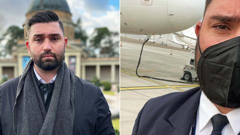 Bildkombination aus zwei Fotos: Links steht ein Mann in dunklem Anzug vor einer Trauerhalle. Rechts ein Selfie desselben Mannes, wie er im Pilotenjacket vor einem Flugzeug steht.