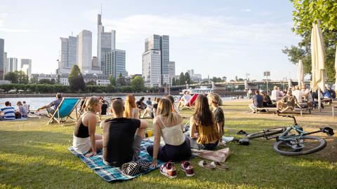 Menschen sitzen auf einer Rasenfläche am Fluss zusammen - mit Blick auf die Frankfurter Hochhäuser.