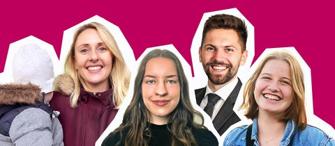 Porträts der vier Protagonistinnen und Protagonisten Katharina Boss, Sarah Kaiser, Vladimir Konkachov und Annika Rehm (von links) sind auf eine fuchsiafarbene Hintergrundfläche gesetzt, so dass sie wie eine Gruppe erscheinen.