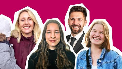 Porträts der vier Protagonistinnen und Protagonisten Katharina Boss, Sarah Kaiser, Vladimir Konkachov und Annika Rehm (von links) sind auf eine fuchsiafarbene Hintergrundfläche gesetzt, so dass sie wie eine Gruppe erscheinen.