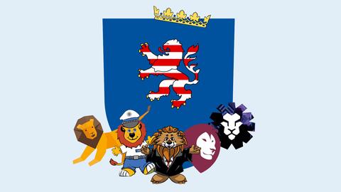 Die Grafik zeigt ein verändertes Hessenwappen. Der Löwe in der Mitte ist kleiner, zu dessen Füßen versammeln sich fünf Logos diverser hessischer Organisationen, die alle als Grundlage einen Löwen haben. Die Krone des Wappens ist verkleinert und scief auf die obere Kante der blauen Wappenfläche gesetzt.