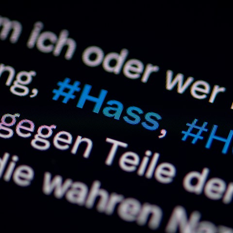 Der Bildschirm eines Smartphones zeigt die Hashtags #Hass" und #Hetze in einem Tweet.