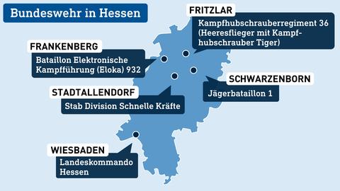 Hessenkarte mit vier Ortspunkten und Beschreibung der Bundeswehr-Standorte
