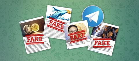 Eine Collage von Screenshots von Telegram Posts, die angeblich vom hessischen Rundfunk stammen sollen mit der Beschriftung „Fake“ 