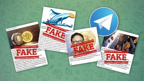 Eine Collage von Screenshots von Telegram Posts, die angeblich vom hessischen Rundfunk stammen sollen mit der Beschriftung „Fake“ 