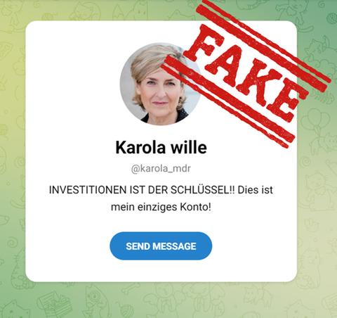 Ein angebliches Telegram Profil der MDR Intendantin Karola Wille ist zu sehen, mit der Aufschrift „Fake“