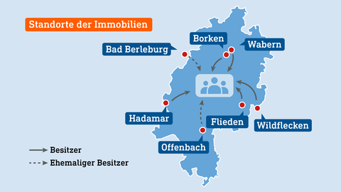 Auf einer Hessenkarte sind Orte verzeichnet in denen ein Firmenkonglomerat Immobilien besitzen