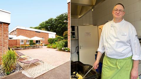 Bildkombination auch zwei Fotos: links Blick in den Hof der Jugenherberge mit Sonnenstühlen und -schirmen, rechts ein Koch in der Küche stehend.