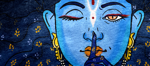 Eine mystische Figur in blau angelehnt an den Hinduismus zwinkert und hält den Zeigefinger vor den Mund.