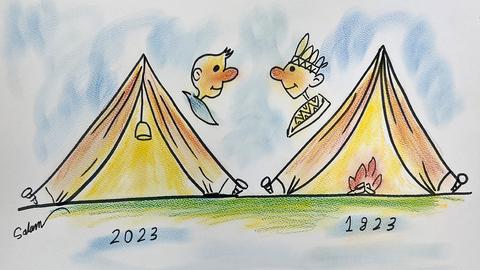 Zeichnung, die zwei Zelte zeigt, aus welchen Köpfe raus- und sich gegenseitig angucken. Links steht 2023 unter dem Zelt. Rechts 1823 und der Kopf trägt indigenen Kopfschmuck.