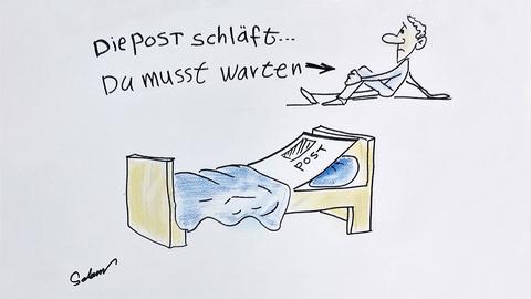 Zeichnung, bei der ein Mann auf dem Boden sitzt und ein Brief im Bett liegt. Daneben steht geschrieben: "Die Post schläft. Du musst warten".