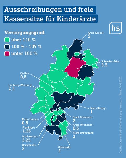 Karte, die nach Landkreisen geordnet farblich anzeigt, wie die Versorgung in Hessen ist.