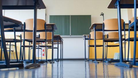 Blick auf die Tafel aus der Froschperspeektive in einem leeren Klassenraum