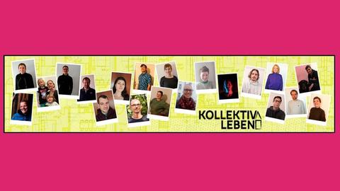 Viele Portraitfotos sind wie Spielkarten auf einem grünen Hintergrund (ein Grundriß) verteilt. Dabei steht "Kolle Kollektiv" und das grüne Feld steht schwarz umrandet auf einer pinkfarbenen Fläche.