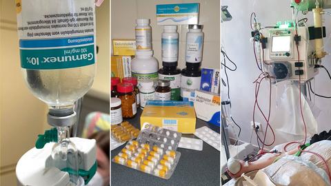 Kombination von drei Fotos: links eine Infusionslösung, die verabreicht wird; mittig eine große Anzahl von Medikamenten; rechts eine Person im Krankenhaus , die mit vielen Schläuchen verbunden ist.