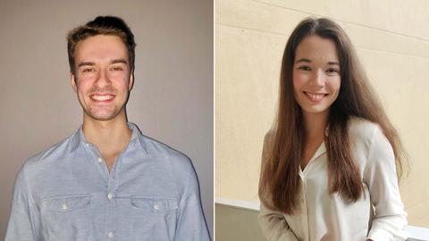 Bildkombination aus zwei Portraits: links Moritz, rechts Anna - beide strahlen in die Kamera.