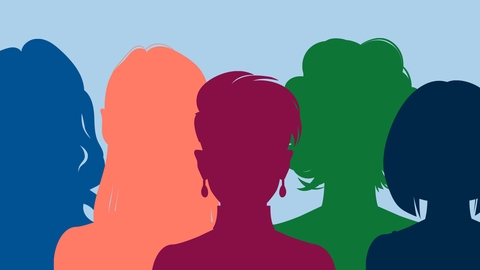 Fünf farbige Schattenrisse von Menschen vor einem blauen Hintergrund